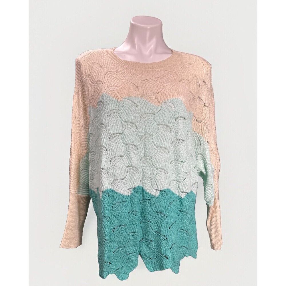 143 Story by Line Up Ombré Scallop Sweater Teal & Cream Women's Size Large‎
